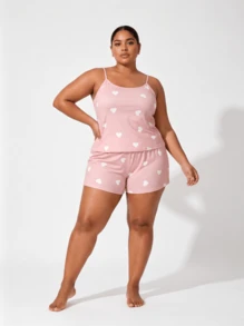 Große Größen Damen Oster-Pyjama-Set, Cartoon-Dinosaurier-Print Rundhals-Cami-Top und Shorts - Pink - Übersicht 6