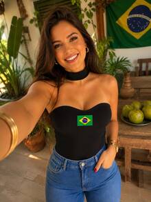 Brazil Bodysuit Blouse, BraziCore Printed Strapless Neckline, Stylish, Exclusive Prints, Casual Chic, Minimalist T-Shirt, World Cup, - 黑旗 - 查看 1