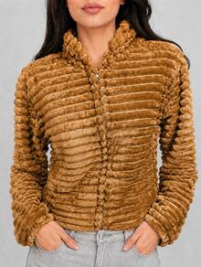 Teddy Coat / Fleece Jacket / Ribbed Fleece Jacket - Camel - Ver 1