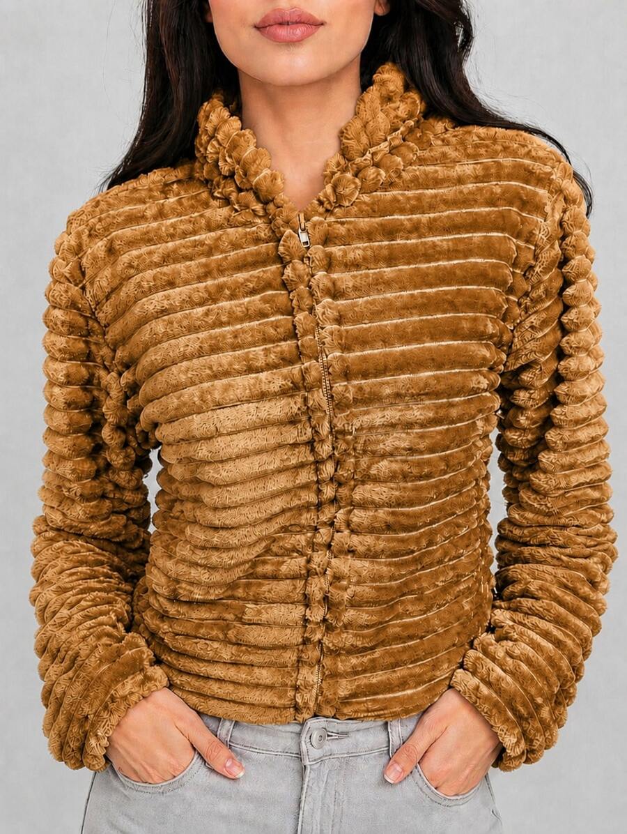 Teddy Coat / Fleece Jacket / Ribbed Fleece Jacket - Camel - Ver 1