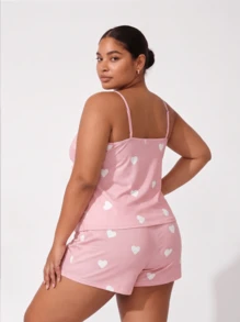 Große Größen Damen Oster-Pyjama-Set, Cartoon-Dinosaurier-Print Rundhals-Cami-Top und Shorts - Pink - Übersicht 3
