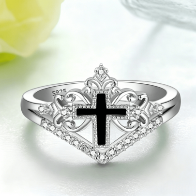 1pc 925 Sterling Silver Vintage Style Cross Ring Inlaid With Cubic Zirconia, Blackened Finish, Unisex Women's Ring, Suitable For Daily Wear, Valentine's Day Gift