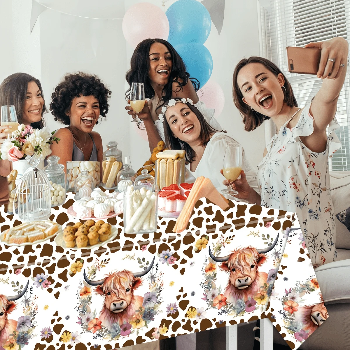 1pc Highland Cow Tablecloth - Brown Cow Pattern Baby Shower Party Decoration, Disposable Rectangular Plastic, Multiple Sizes Available