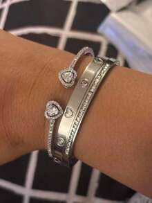 3/1 Piece New High-Quality Stainless Steel 18K Gold-Plated Women's Jewelry Bangle Set / Sparkling Crystal Heart-Shaped Zirconia Women's Jewelry Set, Copper Inlaid Synthetic Zirconia Open Yellow Gold Women's Jewelry, Fashionable Women's Daily Wear Bracelet Set, Perfect Gift For Festivals/Summer/Beach/Vacation/Girlfriend - Silver - View 3