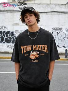 Disney IP Collaboration: Cars Lightning McQueen Print Men's T-Shirt With Crew Neck And Short Sleeves, Relaxed Fit! Summer Clothing For Men, Cotton T-Shirt With Graphic Print, Suitable For Everyday Wear, Leisure And Sports. - màu đen - Xem 2
