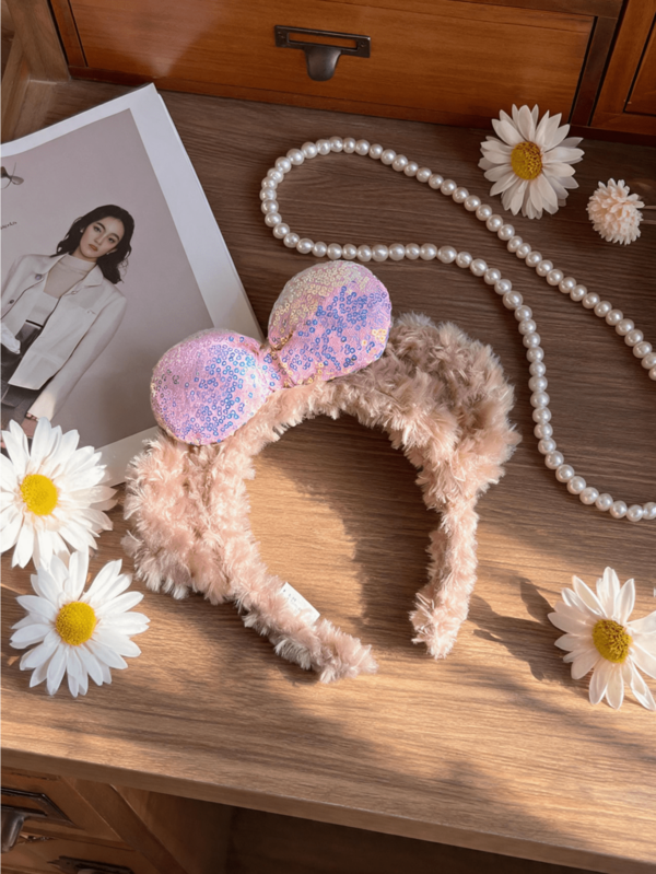 Miniso Disney Minnie Pink Fluffy Headband With Iridescent Sequin Bow Soft Comfortable Non Slip For Women Daily Face Wash Makeup Party Cosplay Gift