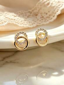 1 Paar S925 Sterlingsilber mit synthetischem Zirkonia besetzte ineinandergreifende Doppel-Creolen-Ohrstecker, eleganter hochwertiger Schmuck für den täglichen Gebrauch von Frauen - Goldgelb - Übersicht 4