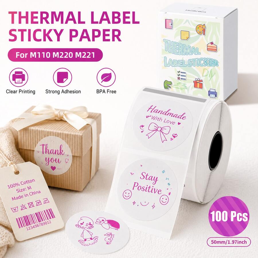 50*50mm Étiquettes thermiques roses transparentes 100 étiquettes par rouleau, papier autocollant rond compatible avec M110/M120/M220/M250, parfait pour la décoration de planificateur, l'emballage de cadeaux et l'organisation de bureau - Voir 1