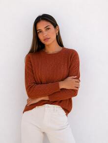 Women's Long Sleeve Knit Blouse With Round Neck, Fitted, Textured, Elegant, Casual, Autumn/Winter - 鏽棕色 - 查看 1