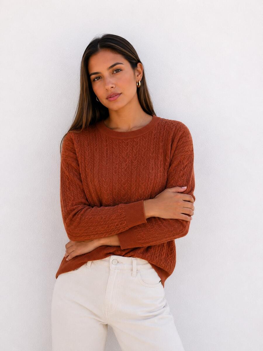 Women's Long Sleeve Knit Blouse With Round Neck, Fitted, Textured, Elegant, Casual, Autumn/Winter - 鏽棕色 - 查看 1