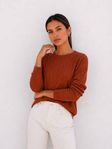 Women's Long Sleeve Knit Blouse With Round Neck, Fitted, Textured, Elegant, Casual, Autumn/Winter - 鏽棕色 - 查看 2