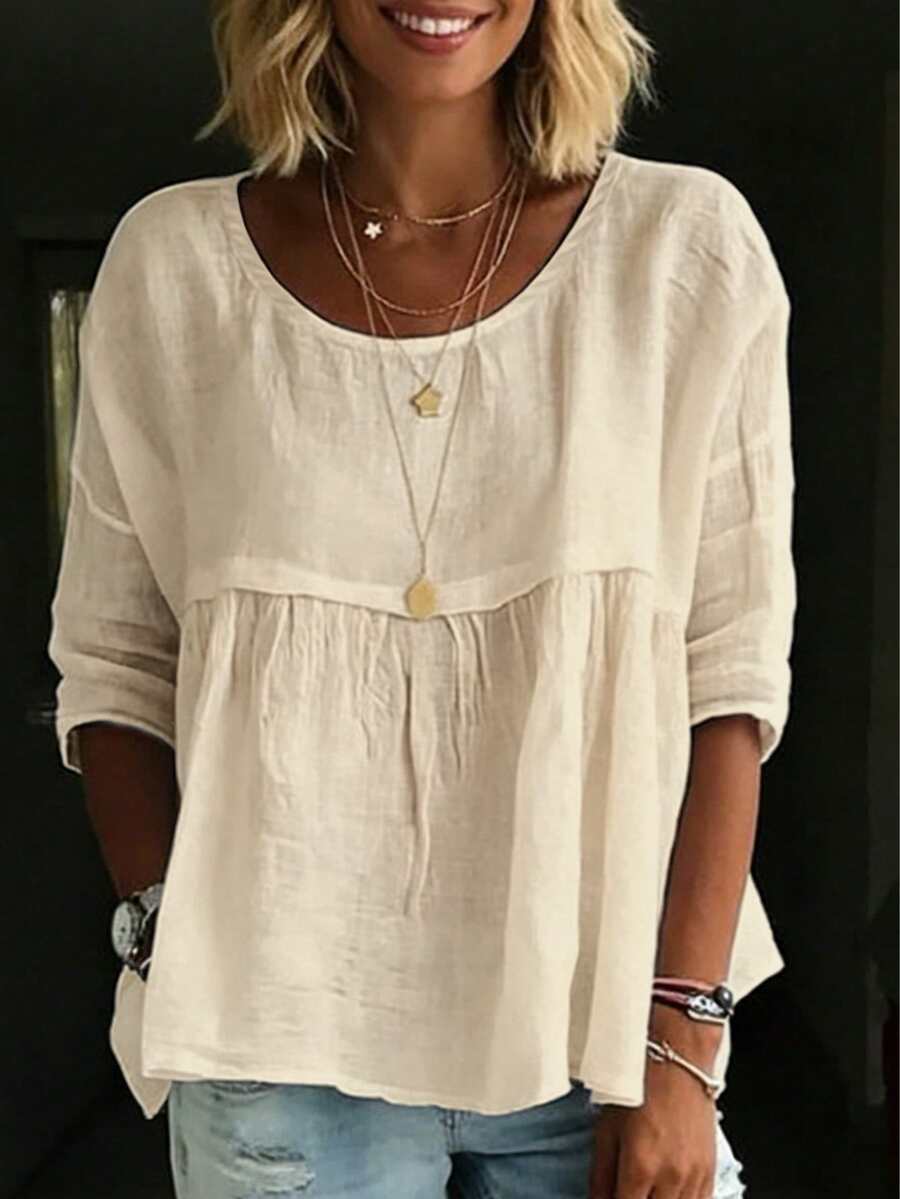 Plus Size Women's Solid Color Ruffle Blouse White Shirt Casual Wear - Apricot - View 1