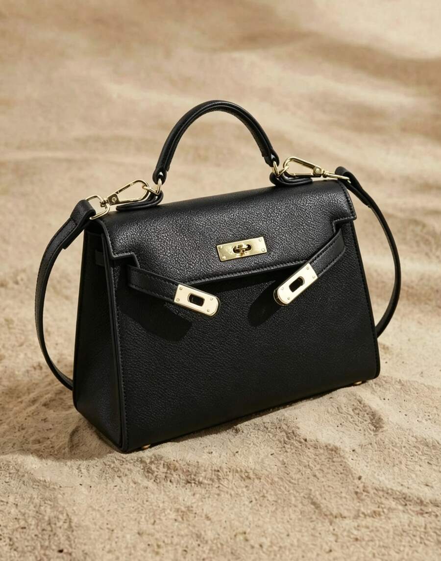 Women's Multi-Color Elegant Textured Zipper Shoulder Bag – Structured Vegan Leather Top Handle Purse With Gold Lock Closure, Adjustable Strap, And Spacious Capacity For Everyday Use - 黑色 - 查看 1