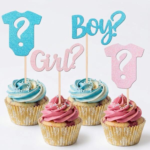 12/24 cái que cắm cupcake tiết lộ giới tính, kim tuyến hồng và xanh, que cắm bánh B*By, B*Y hay G*Rl? dấu hỏi chấm, phụ kiện trang trí tráng miệng cho tiệc mừng em bé, trang trí tiệc chủ đề He or She