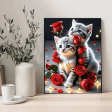 1pc 30x40cm 5D Full Round Drill Diamond Painting Kit, Cute Kittens With Red Roses Pattern, DIY Handmade Wall Art Decor For Adults - round diamond - View 3