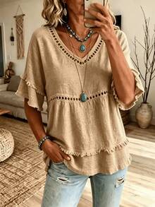 Women's Linen Blend Eyelet & Fringe Trim Blouse, V-Neck Short Sleeve Casual Top - 卡其色 - 查看 4