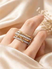 Camhanno 1pc - Gold-Tone Interlocking Circle Ring With Synthetic Gemstone Inlay - Versatile Women's Jewelry For Hip-Hop And Party Styles; Perfect For Daily Wear, Banquets, Festivals, And Wedding Celebrations. - Four-layer Diamond Ring - View 3