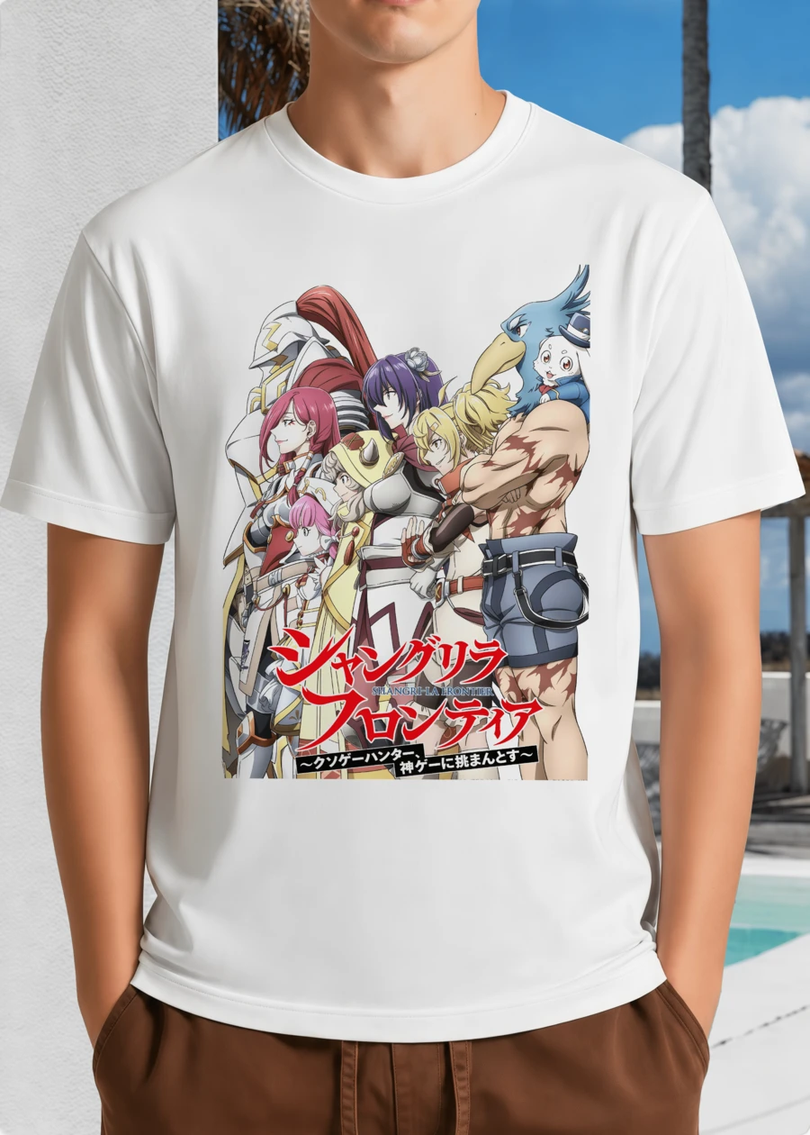 Shangri-La Frontier White Oversized T-Shirt With Anime Group Photo - Fantasy MMO Adventure Crew - Japanese Manga Style - White - View 1