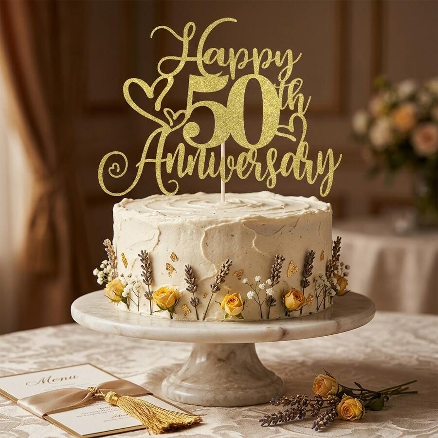 1件裝亮金色50週年結婚紀念蛋糕插牌,優雅50年婚姻慶祝蛋糕裝飾,金禧派對用品,浪漫週年紀念蛋糕裝飾 - 50週年 - 查看 1