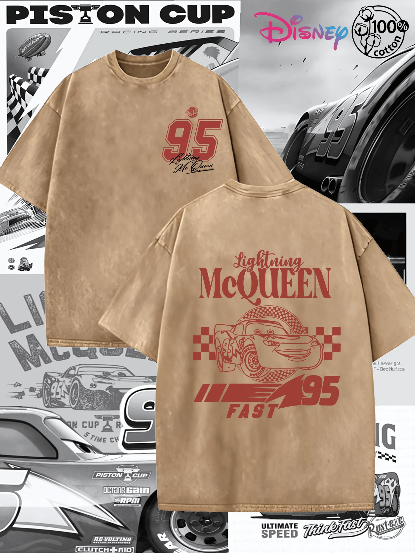 Disney IP Collaboration Cars Lightning McQueen Print Men's T-Shirt With Crew Neck And Short Sleeves, Relaxed Fit! Summer Clothing For Men, Cotton T-Shirt With Graphic Print, Suitable For Everyday Wear, Leisure And Sports. - 咖啡棕 - 查看 1