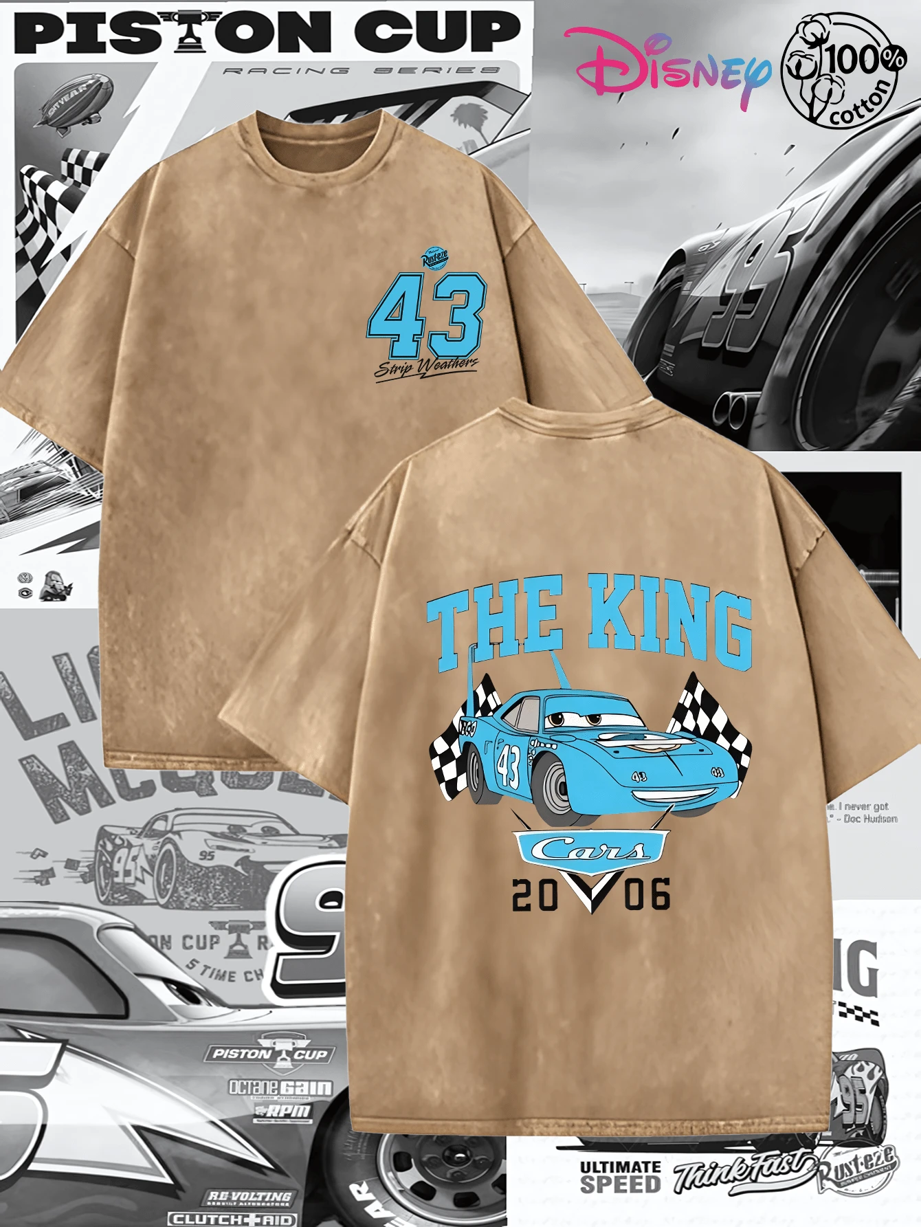 Disney IP Collaboration Cars Lightning McQueen Print Men's T-Shirt With Crew Neck And Short Sleeves, Relaxed Fit! Summer Clothing For Men, Cotton T-Shirt With Graphic Print, Suitable For Everyday Wear, Leisure And Sports. - Cà phê nâu - Xem 1