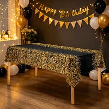 1/3pcs Black Gold Sequin Disposable Plastic Rectangular Tablecloth, Table Cover For Birthday, Wedding, Bride, Holiday, Cake, Dessert, Party Supplies, 137x274cm - Multicolor - View 1