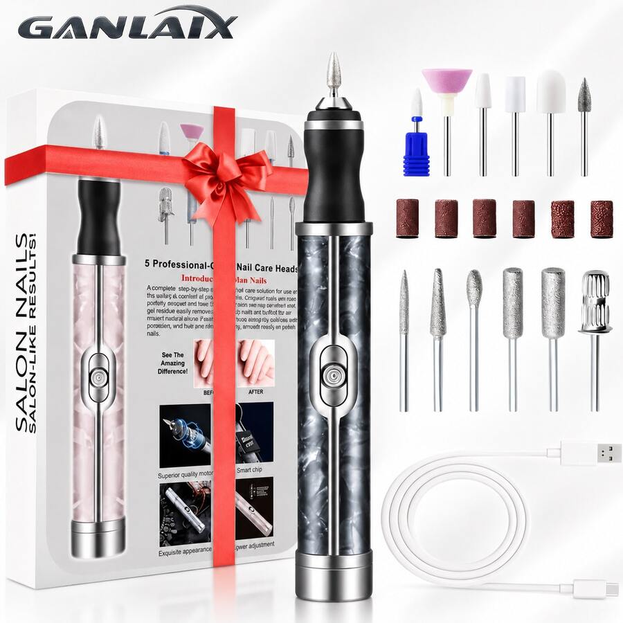 GANLAIX 12位电动指甲打磨机套装,多功能指甲钻,USB充电 - 适用于厚指甲的指甲打磨机,专业4速电动指甲锉,指甲抛光护理塑形工具,专业美甲打磨工具,女士佳礼,品质优良,价格合理 - 黑色 - 查看 1