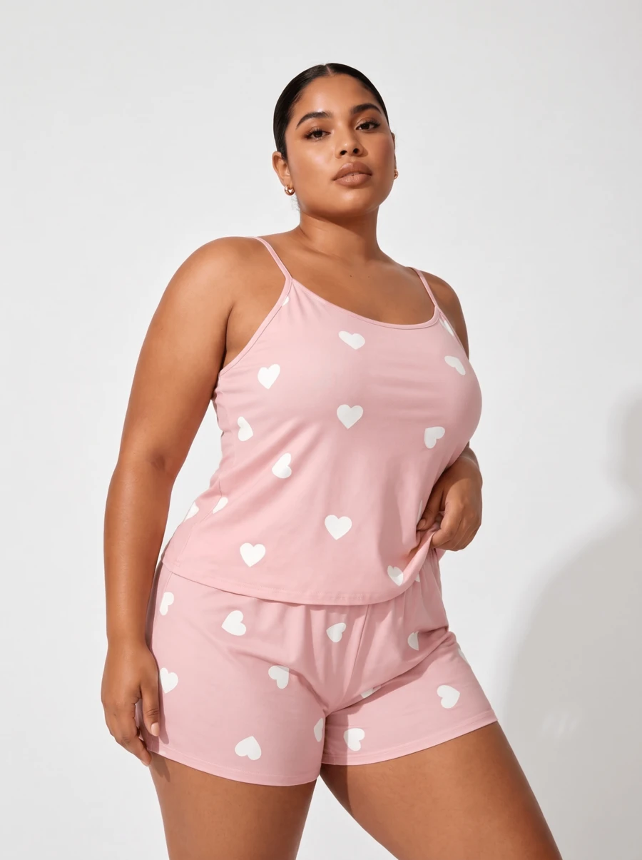 Große Größen Damen Oster-Pyjama-Set, Cartoon-Dinosaurier-Print Rundhals-Cami-Top und Shorts - Pink - Übersicht 1