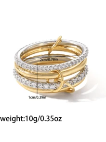 Camhanno 1pc - Gold-Tone Interlocking Circle Ring With Synthetic Gemstone Inlay - Versatile Women's Jewelry For Hip-Hop And Party Styles; Perfect For Daily Wear, Banquets, Festivals, And Wedding Celebrations. - Four-layer Diamond Ring - View 5