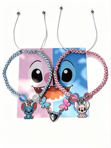 Disney 2件組史迪奇與天使磁吸心形情侶手鍊組，可調節編織繩情侶/閨蜜友誼飾品，可愛卡通莉羅與史迪奇靈感手鍊 - 多色 - 查看 10