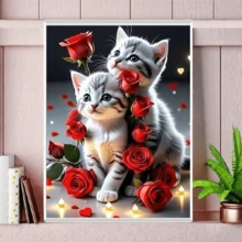 1pc 30x40cm 5D Full Round Drill Diamond Painting Kit, Cute Kittens With Red Roses Pattern, DIY Handmade Wall Art Decor For Adults - round diamond - View 4