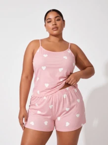 Große Größen Damen Oster-Pyjama-Set, Cartoon-Dinosaurier-Print Rundhals-Cami-Top und Shorts - Pink - Übersicht 10