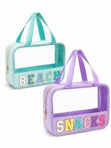 1Piece Women Seersucker Beach Snacks MEDS Bag Chenille Letter Clear Sunscreen SPF Makeup Bag With Handle And Zipper Seersucker Stripe Preppy Girls Cosmetic Pouch For Storage Travel Organizer - Multicolor - View 10