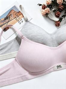 4pcs Cute Wireless Bra, Suitable For Small Bust Women, Sweet Ribbed Comfortable Bra, Adjustable Straps, Daily Wear - Multicolor - View 4