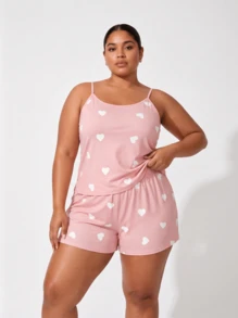 Große Größen Damen Oster-Pyjama-Set, Cartoon-Dinosaurier-Print Rundhals-Cami-Top und Shorts - Pink - Übersicht 8