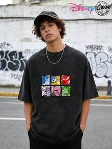 Disney IP Collaboration: Cars Lightning McQueen Print Men's T-Shirt With Crew Neck And Short Sleeves, Relaxed Fit! Summer Clothing For Men, Cotton T-Shirt With Graphic Print, Suitable For Everyday Wear, Leisure And Sports. - 黑色 - 查看 1