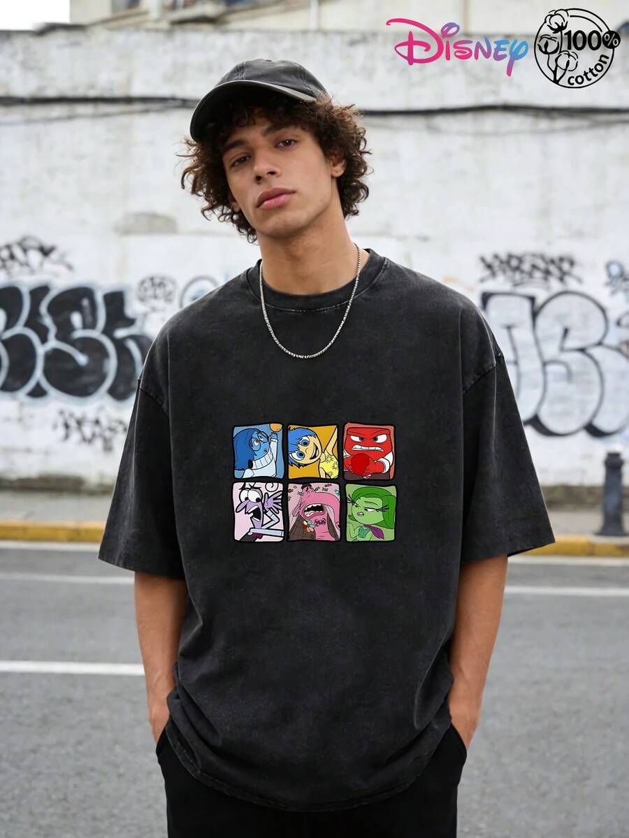 Disney IP Collaboration: Cars Lightning McQueen Print Men's T-Shirt With Crew Neck And Short Sleeves, Relaxed Fit! Summer Clothing For Men, Cotton T-Shirt With Graphic Print, Suitable For Everyday Wear, Leisure And Sports. - 黑色 - 查看 1