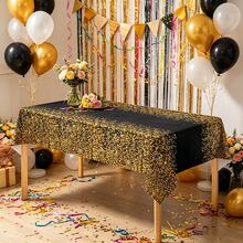 1/3pcs Black Gold Sequin Disposable Plastic Rectangular Tablecloth, Table Cover For Birthday, Wedding, Bride, Holiday, Cake, Dessert, Party Supplies, 137x274cm - Multicolor - View 2