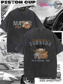 Disney IP Collaboration: Cars Lightning McQueen Print Men's T-Shirt With Crew Neck And Short Sleeves, Relaxed Fit! Summer Clothing For Men, Cotton T-Shirt With Graphic Print, Suitable For Everyday Wear, Leisure And Sports. - 黑色 - 查看 1