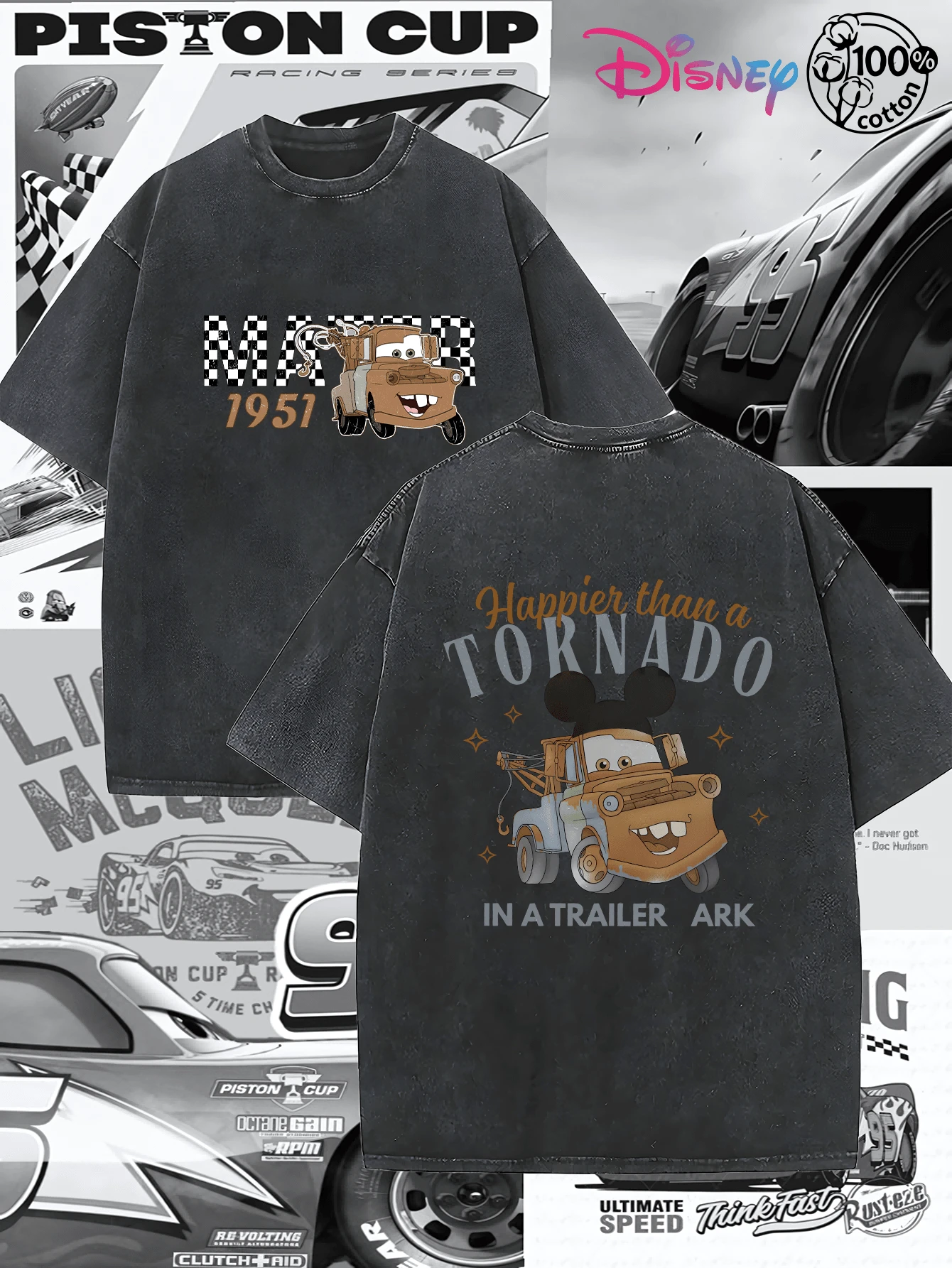 Disney IP Collaboration: Cars Lightning McQueen Print Men's T-Shirt With Crew Neck And Short Sleeves, Relaxed Fit! Summer Clothing For Men, Cotton T-Shirt With Graphic Print, Suitable For Everyday Wear, Leisure And Sports. - 黑色 - 查看 1