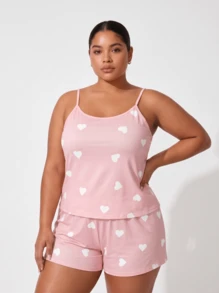 Große Größen Damen Oster-Pyjama-Set, Cartoon-Dinosaurier-Print Rundhals-Cami-Top und Shorts - Pink - Übersicht 9