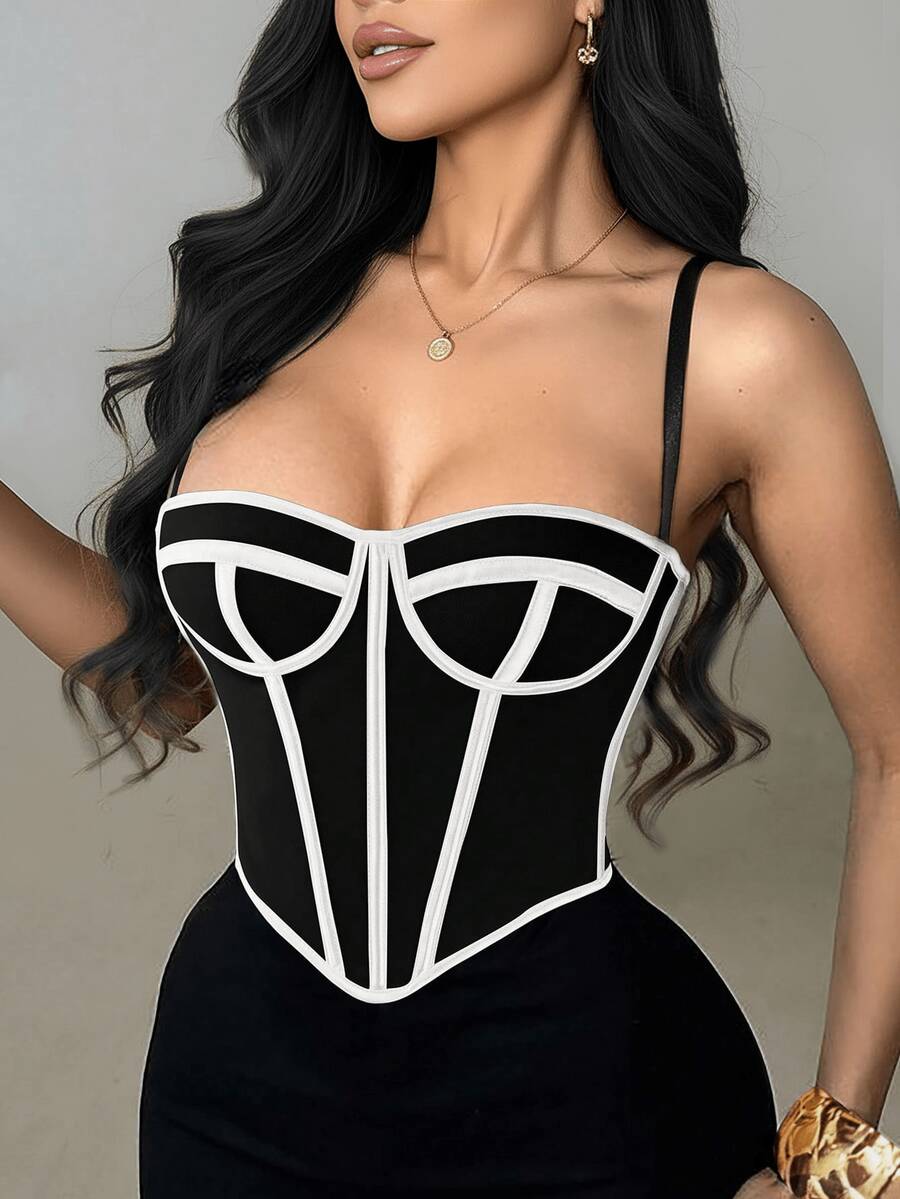 Apperloth A Top corto de mujer con cordones y calado al estilo Y2K. Top corset con calado de malla, apropiado para fiestas de verano y festivales - Blanco y Negro - Ver 1