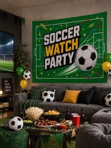 1pc-Football Match Viewing Party Backdrop, Green Stadium-Themed Hanging Cloth With Football Confetti Pattern, Large Sports Photo Backdrop For World Cup Viewing Parties, Match Days, Birthday Parties, Bar Decorations, Made Of Polyester. - Multicolor - View 7