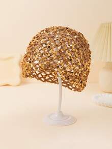 1pc Women's Spring/Autumn Hollow Crochet Sequin Beanie Hat, Suitable For Daily Use, Bohemian Style, Spring/Autumn Season, Beach And Travel - Multicolor - View 3