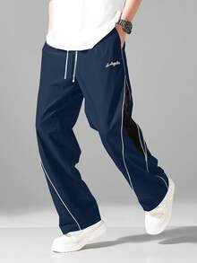 1pc Teen Boys Loose Streetwear Drawstring Waist Colorblock Sports Long Pants, Polyester Material Thin Style - Royal Blue - View 3