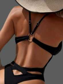 Women's Swimsuit With Deep V-Neck, Thin Straps, Open Back, Thong-Style Bottom. - Black - View 2