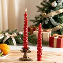 Set de 2 velas de árbol de Navidad, decoración navideña roja y verde. Velas realistas vintage hechas a mano reutilizables con brillo para mesa festiva, repisa de chimenea, sala de estar, decoración del hogar interior. Regalo de Feliz Navidad y Año Nuevo. Árboles artificiales rústicos de Navidad de invierno. - Vela larga cónica con forma de árbol de Navidad en 3D - Ver 11