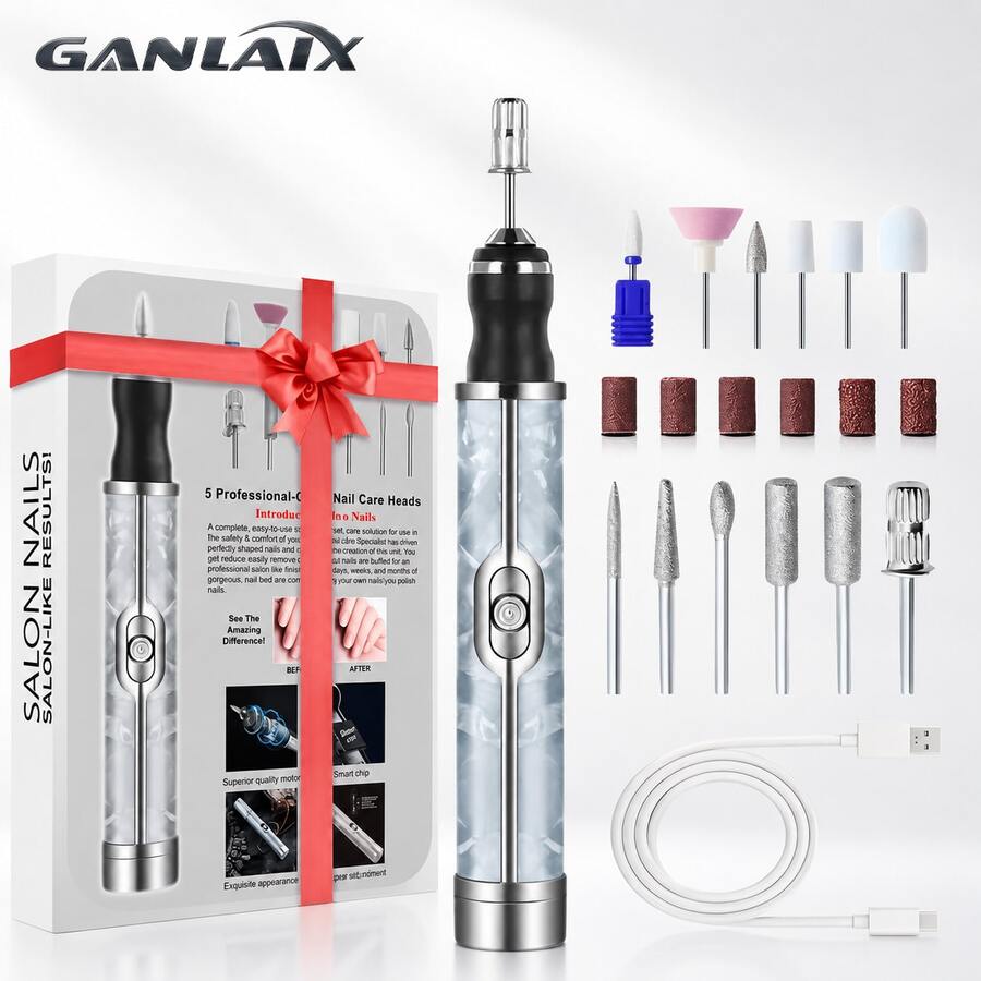 GANLAIX 12位电动指甲打磨机套装,多功能指甲钻,USB充电 - 适用于厚指甲的指甲打磨机,专业4速电动指甲锉,指甲抛光护理塑形工具,专业美甲打磨工具,女士佳礼,品质优良,价格合理 - 藍色 - 查看 1