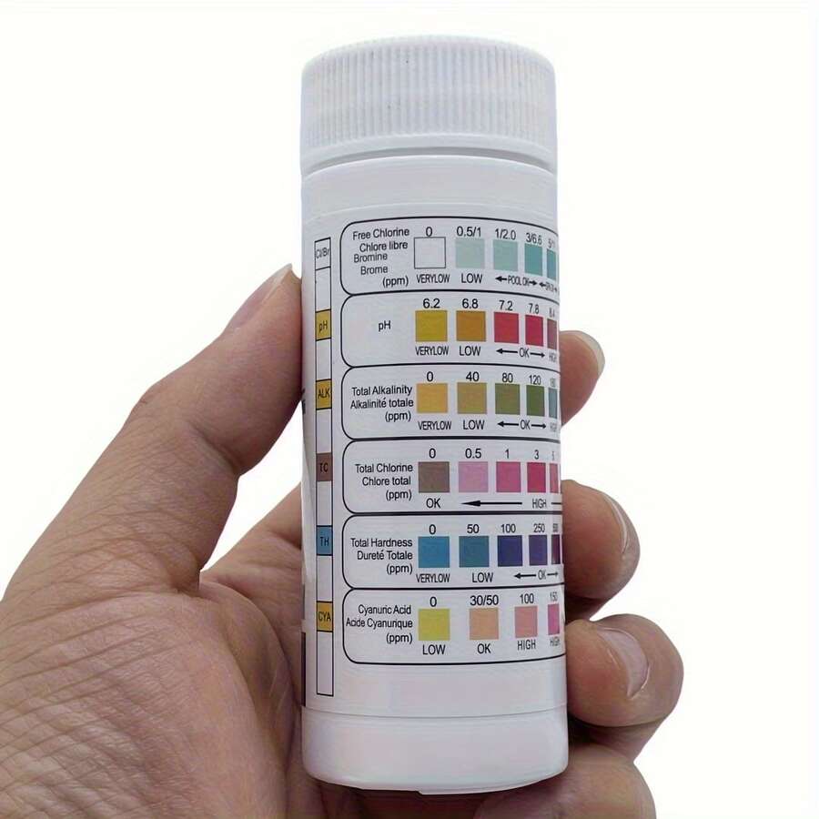 50pcs 6-In-1 Pool & Hot Tub Test Strips - Rapid Testing For PH, Chlorine, Total Alkalinity, Blue/Purple Acid And Total Hardness | With Dropper Cap Color-Coded Results | Accurate Chemical Analysis For Above-Ground Pools And Hot Tubs