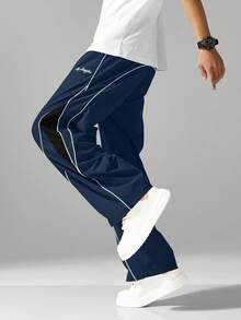 1pc Teen Boys Loose Streetwear Drawstring Waist Colorblock Sports Long Pants, Polyester Material Thin Style - Royal Blue - View 1